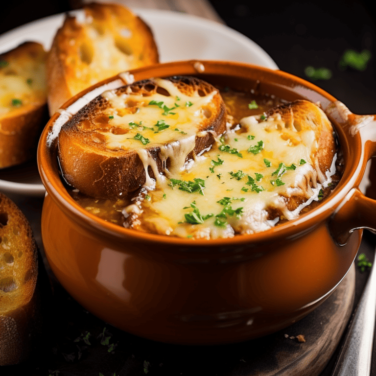 A bowl of french onion soup topped with toasted bread and melted cheese. A platter of toasted bread in the background.