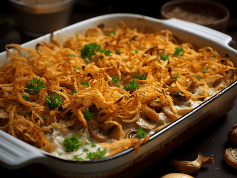 Turkey Mushroom Bake topped with golden fried onions.