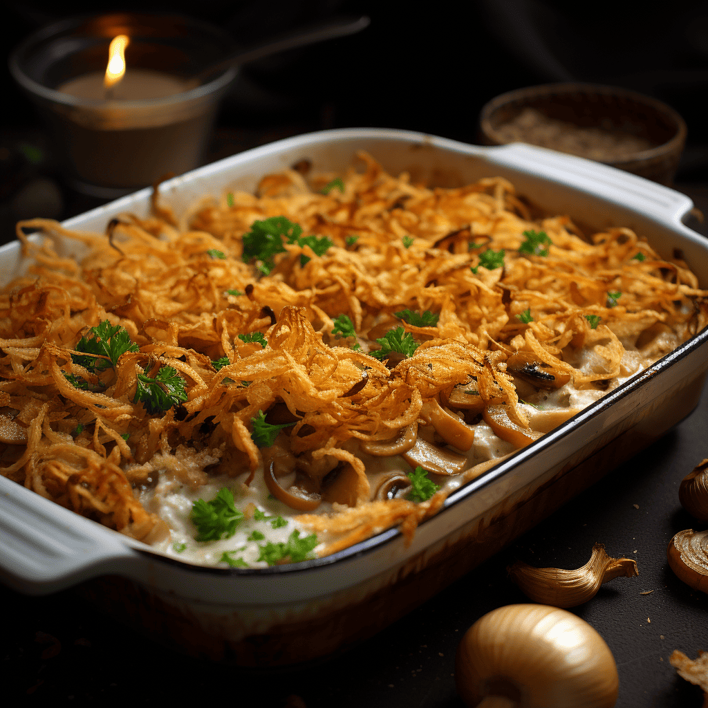 Turkey Mushroom Bake topped with golden fried onions. 