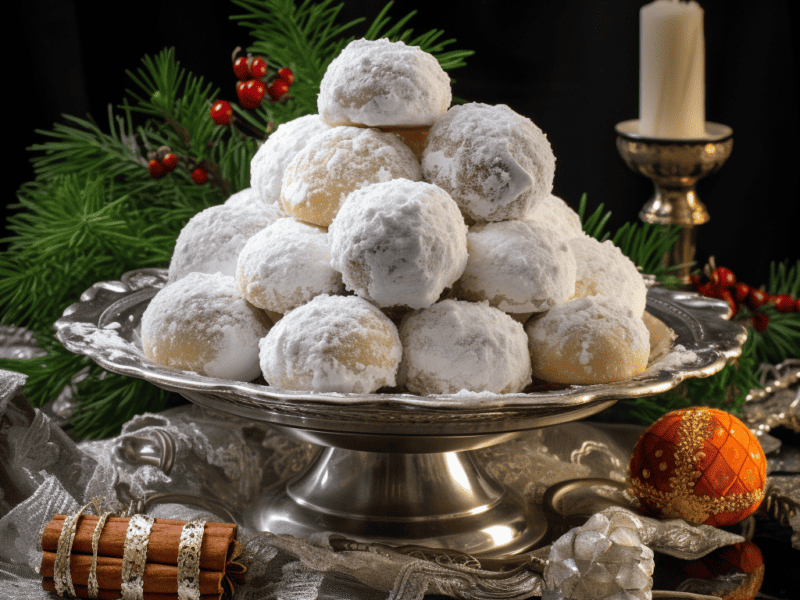 Silver standing platter of snowball cookies.