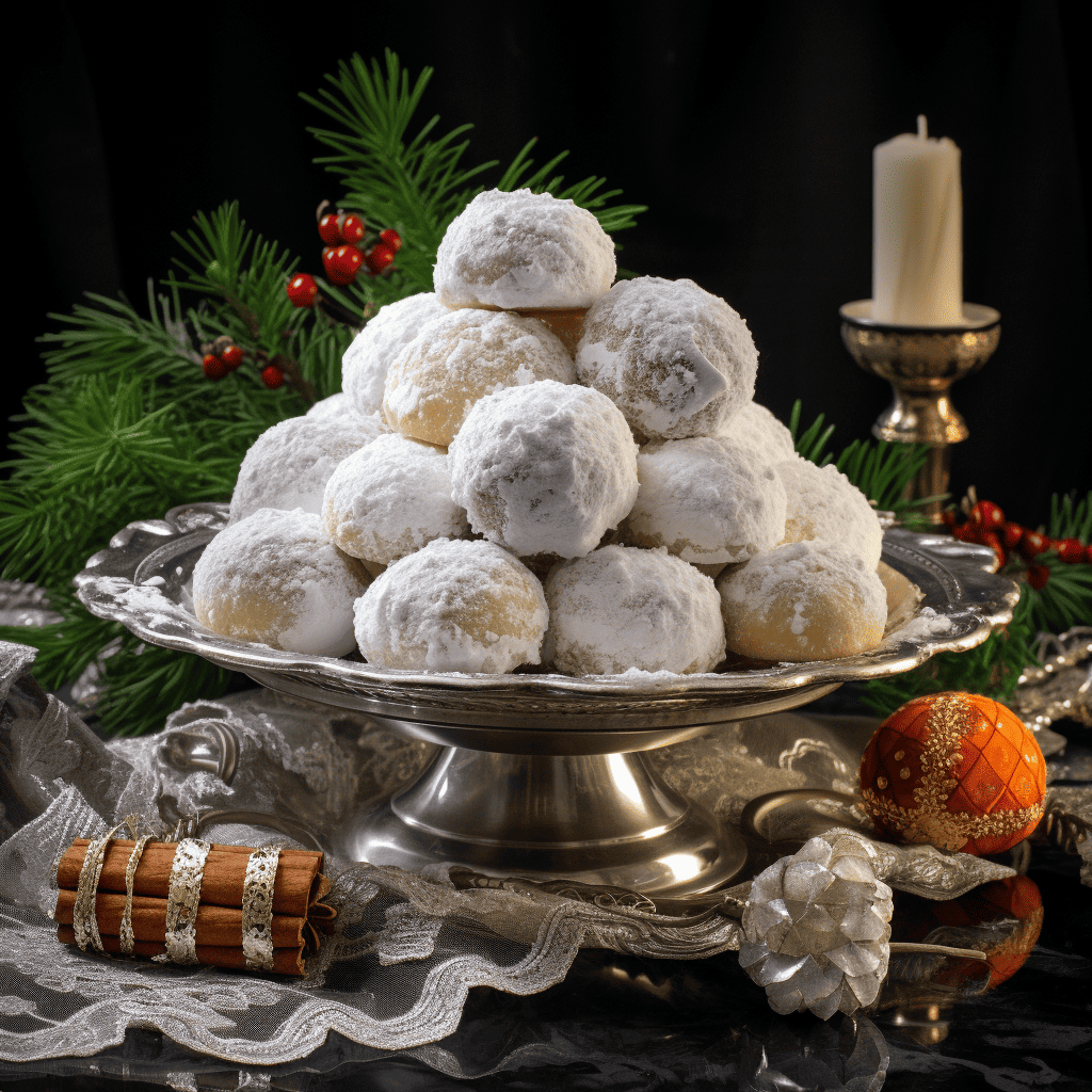 Silver standing platter of snowball cookies.