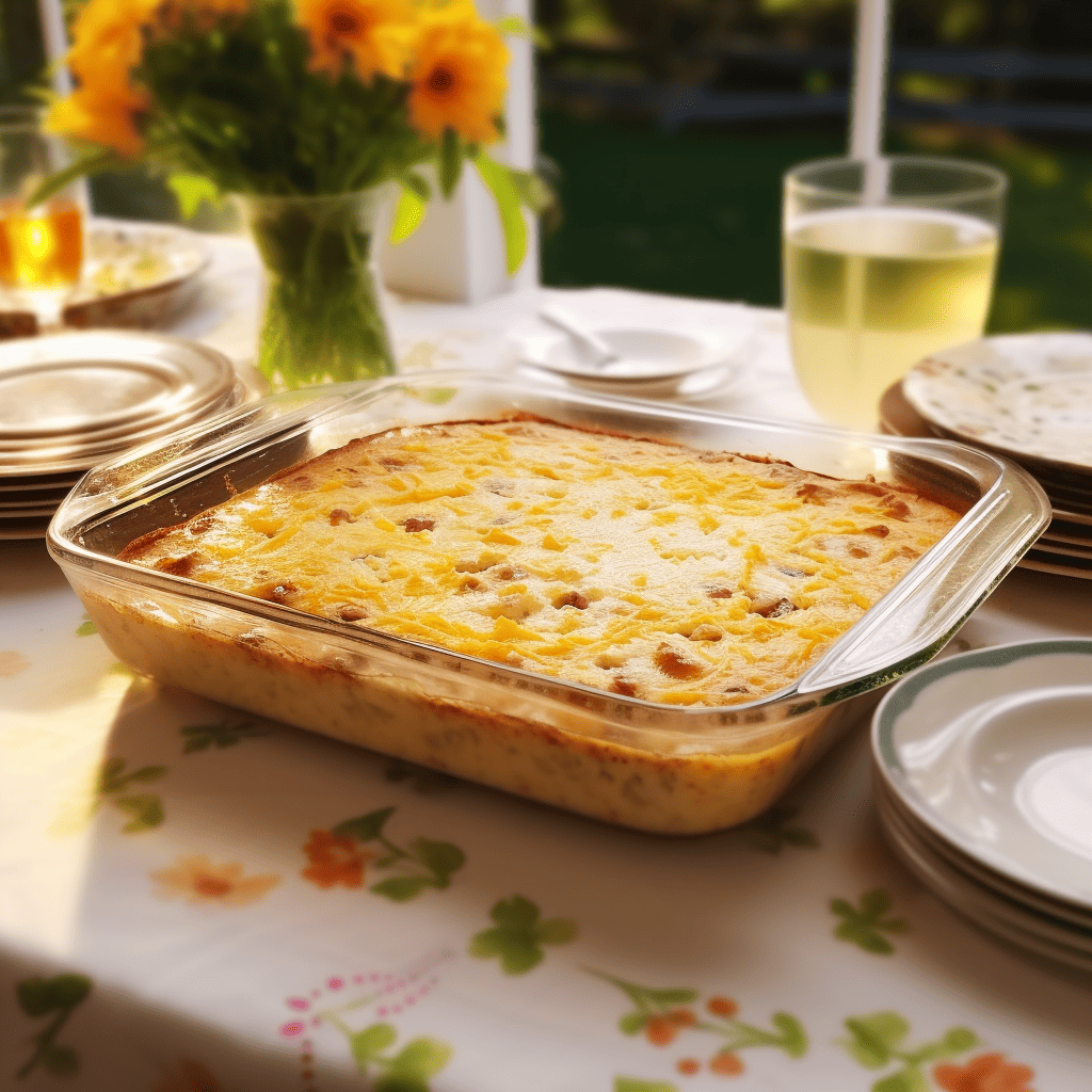 Sausage and egg breakfast casserole on a table with juice and flowers in the background.