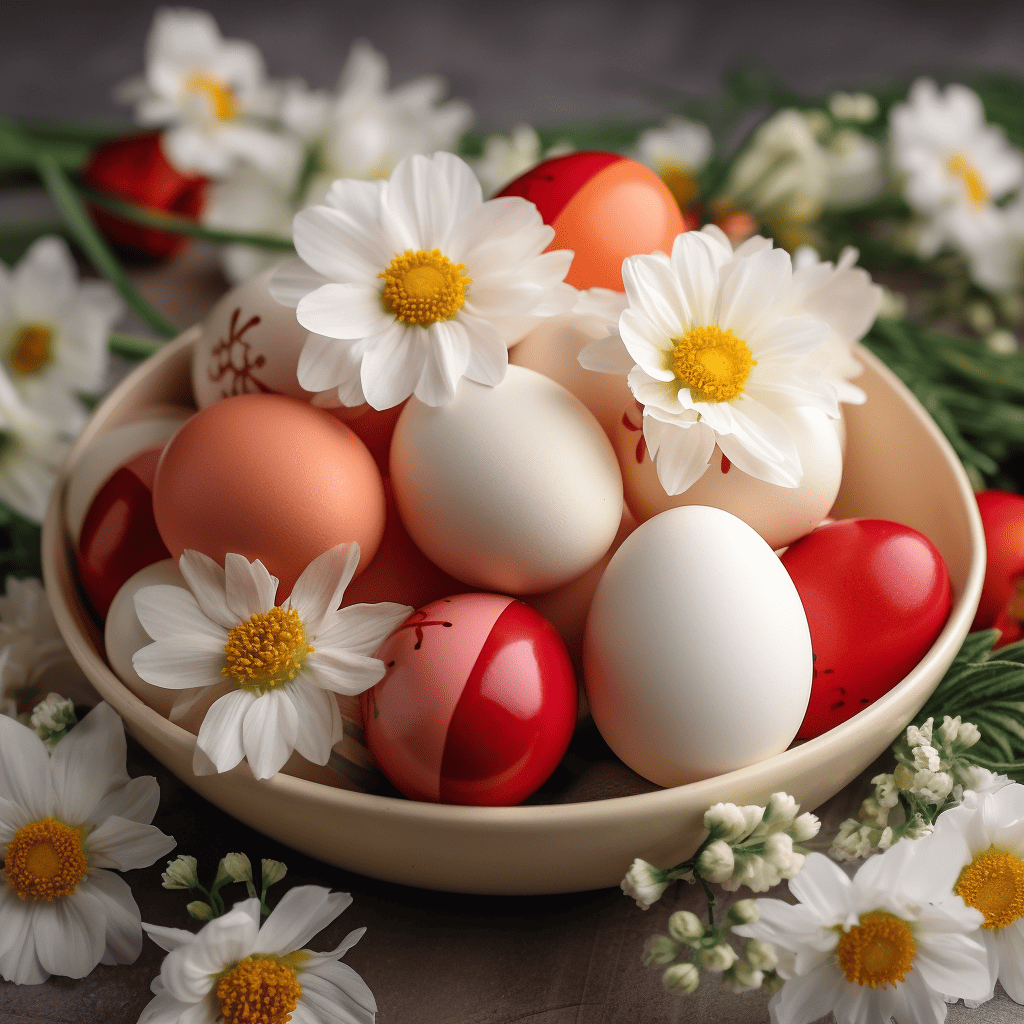 A mixture of white, dyed and stenciled eggs in a white bowl with daisy accents in the bowl and scattered around the table.