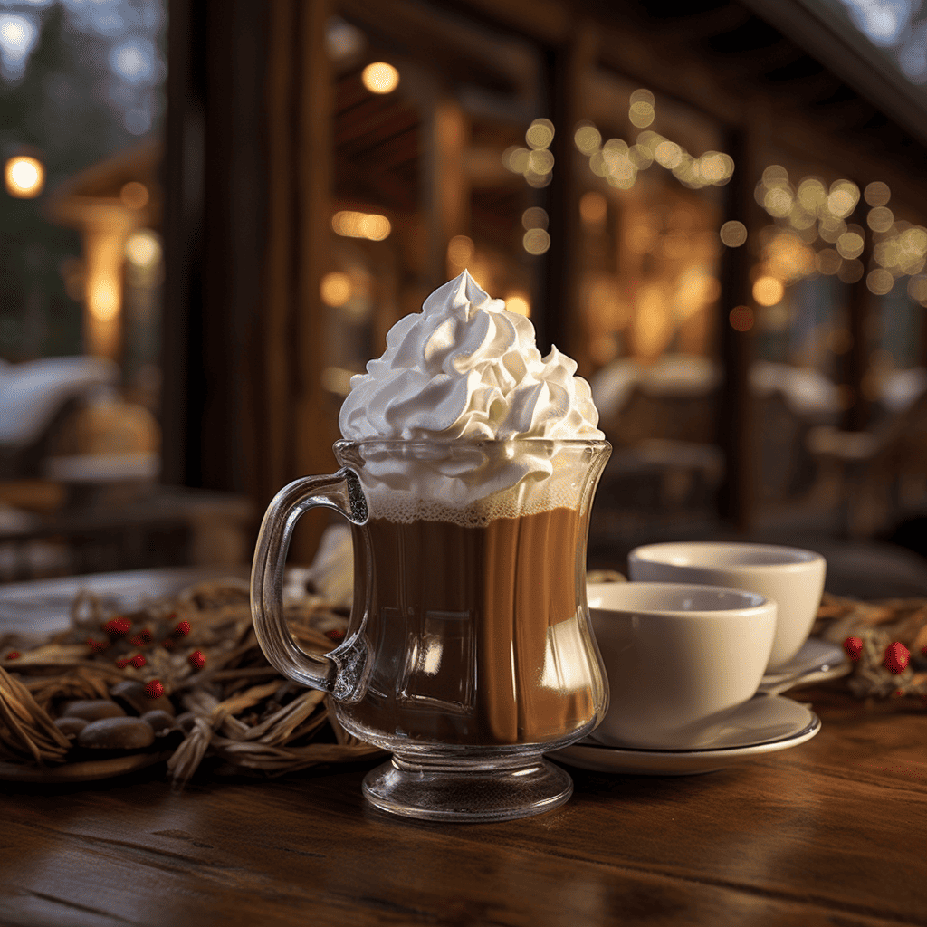 Glass mug of hot cocoa with two smaller white cups to the right. Cozy ambiance.