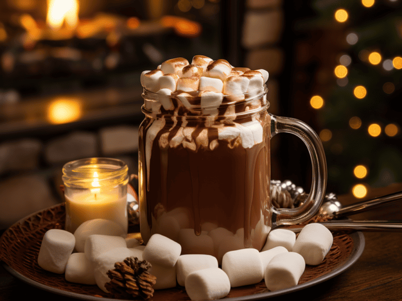 A glass mug with hot cocoa, topped with marshmallows and drizzled with chocolate syrup. Fireplace in the background.