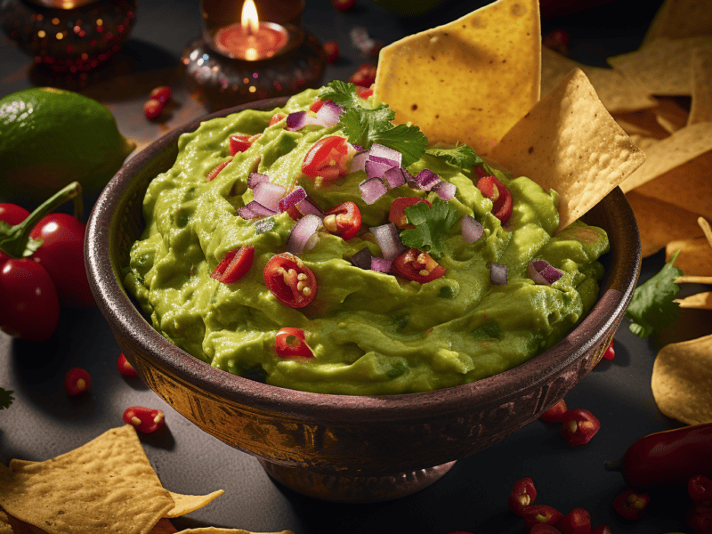 A festive bowl of guacamole garnished with diced onions and tomatoes, Tortilla chips scattered around the bowl.