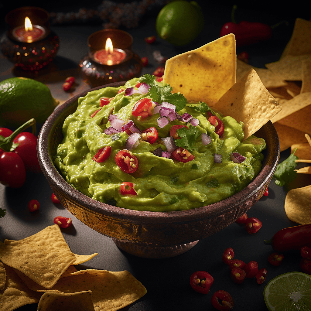 A festive bowl of guacamole garnished with diced onions and tomatoes, Tortilla chips scattered around the bowl.