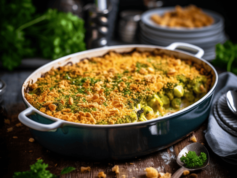 Broccoli casserole on a dinner table.
