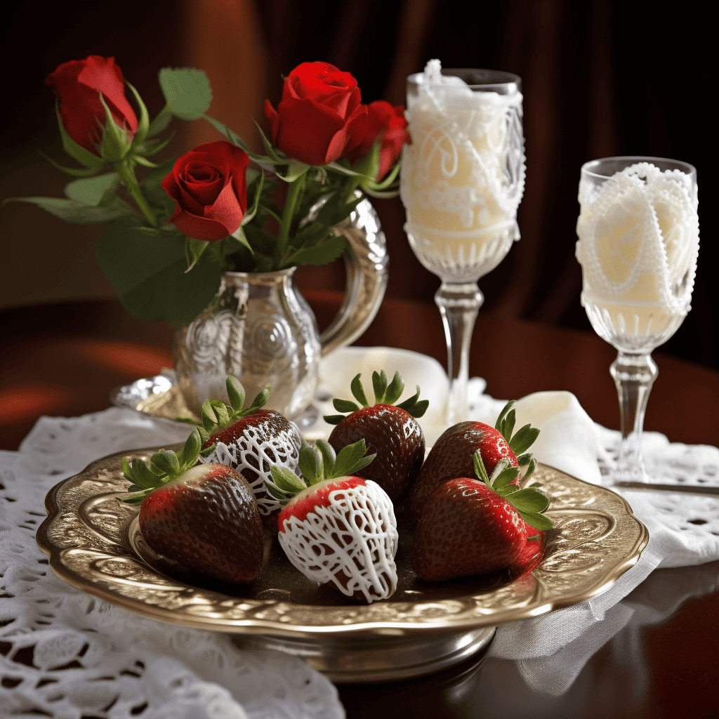 Chocolate dipped strawberries on a silver platter with a bouquet of red roses in the background. Fluted glasses containing doilies and pearls to the right of the strawberries.