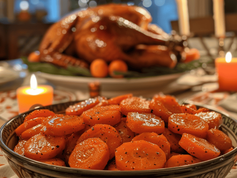 A serving bowl of glazed carrots. Roasted turkey in the background.
