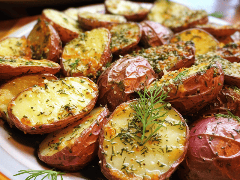 Platter of roasted garlic dill potatoes