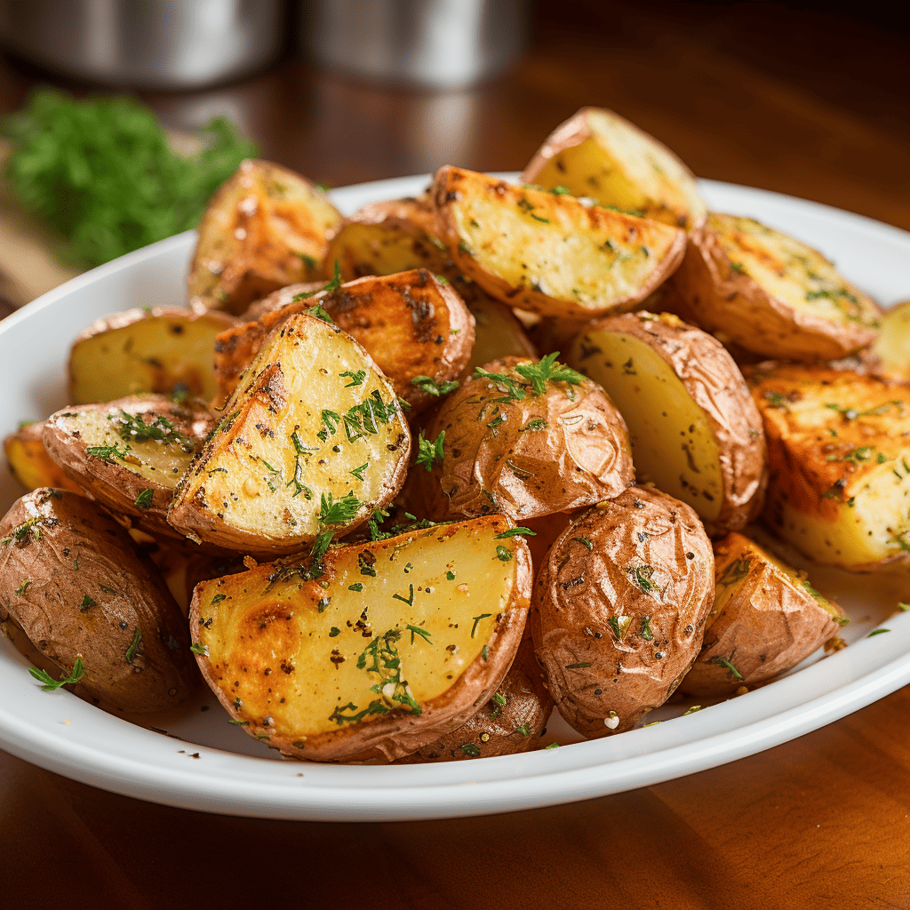 White platter of roasted garlic dill potatoes.