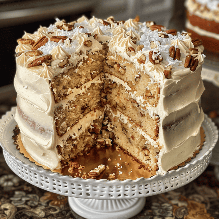 Italian Cream Cake on a white cake pedestal.