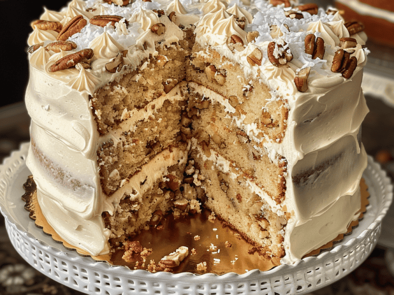 Italian Cream Cake on a white cake pedestal.