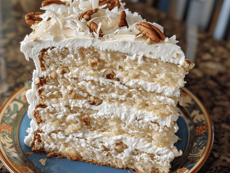 Slice of Italian Cream Cake on a blue saucer.