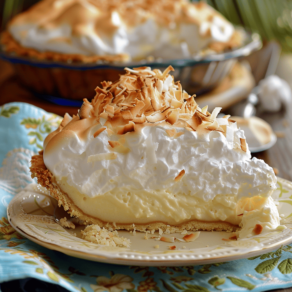 A slice of homemade coconut cream pie topped with a baked meringue and shredded, toasted coconut.