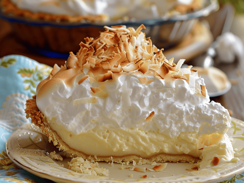 A slice of homemade coconut cream pie topped with baked meringue and toasted coconut.