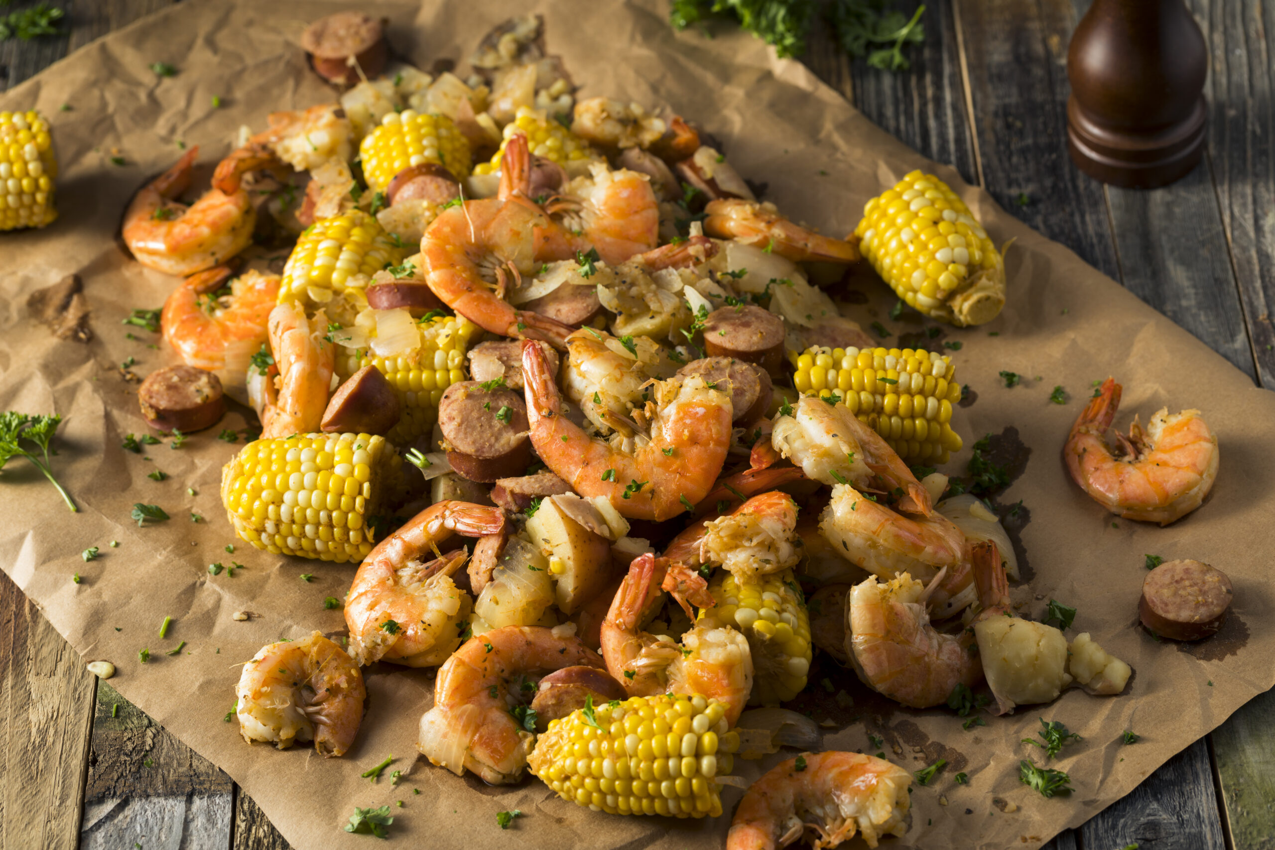 boiled shrimp, corn, potatoes and onions on brown parchment paper.