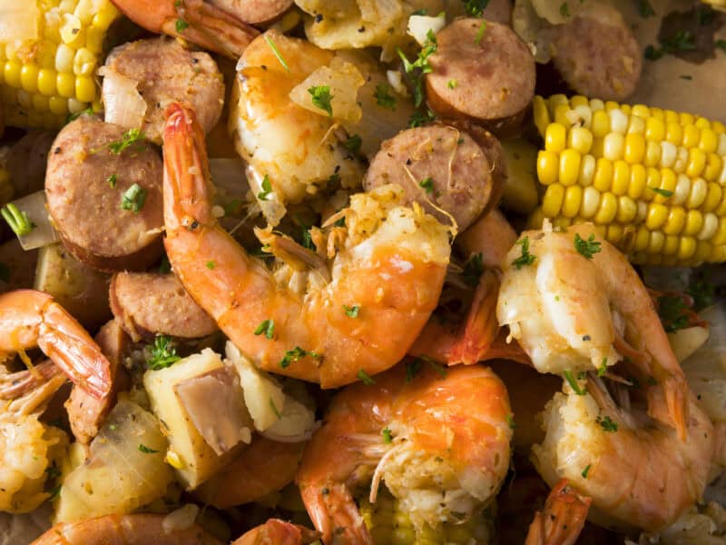 Boiled shrimp, sausage, corn and potatoes