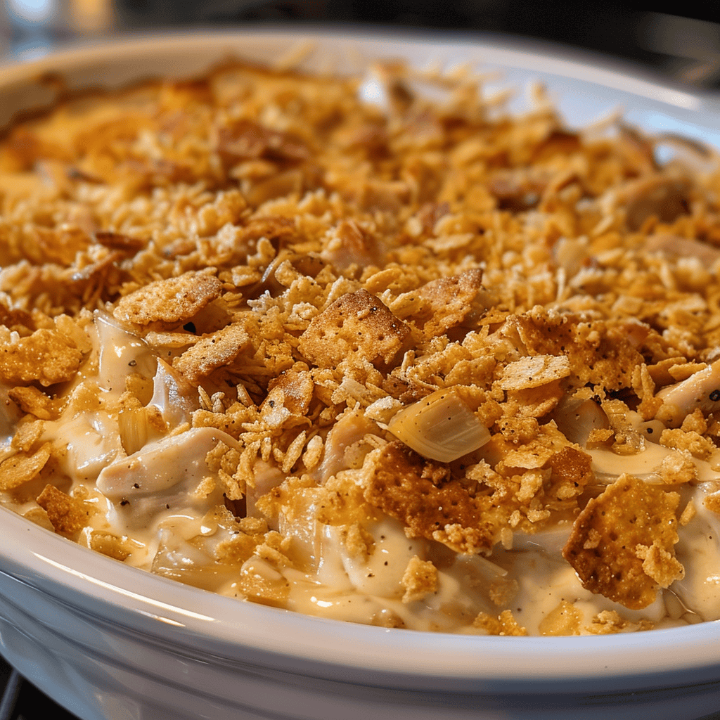 Chicken and Rice Casserole in a white baking dish.