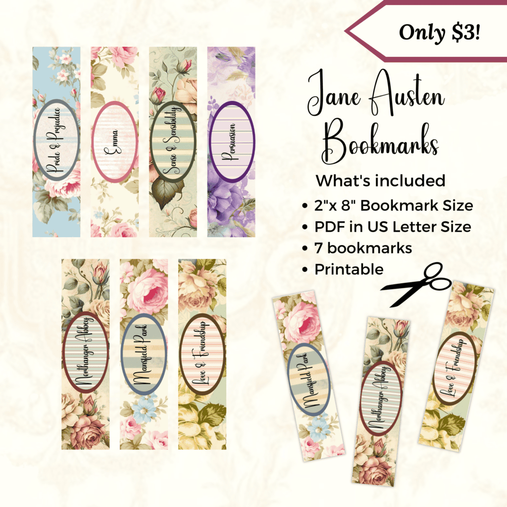 Jane Austen Bookmarks What's included 2"x8" bookmark size PDF in US Letter Size 7 Bookmarks Printable Only $3.00