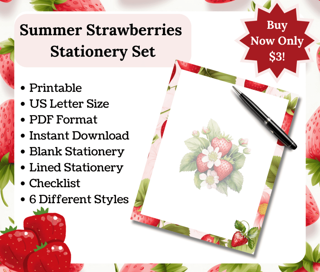 Summer Strawberries Stationery Set Printable US Letter Size PDF Format Instant Download Blank Stationery Lined Stationery Checklist 6 Different Styles