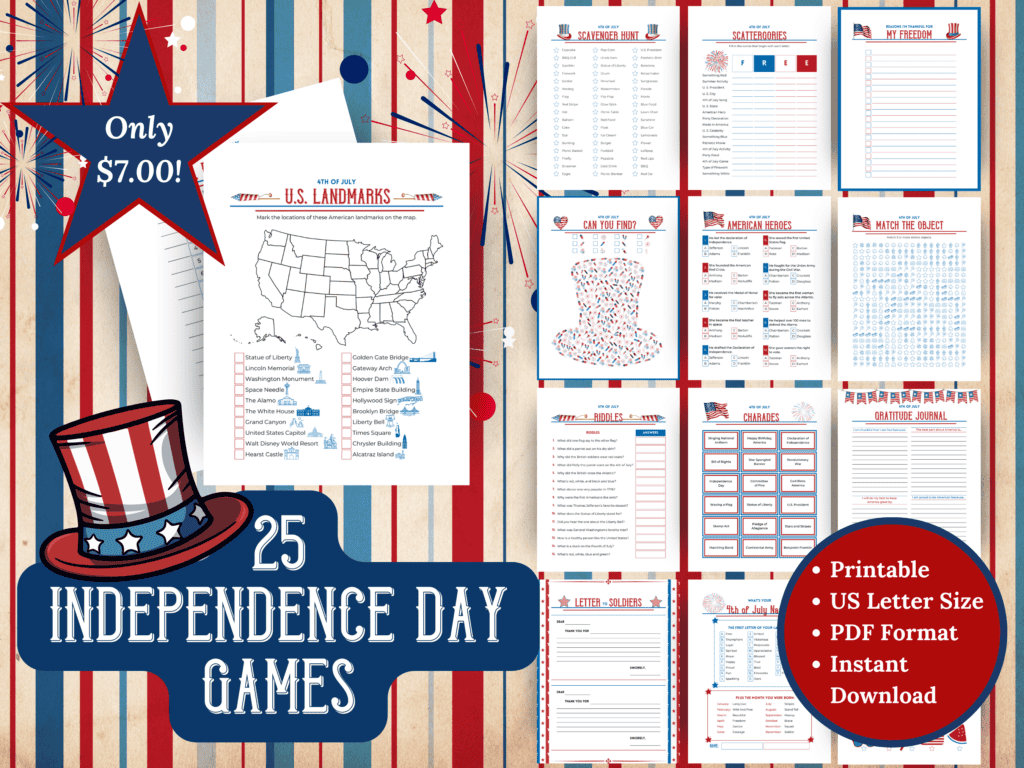 25 Independence Day Games
Printable
US Letter Size
PDF Format
Instant Download