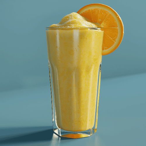 A tall glass of Orange Julius with orange garnish.