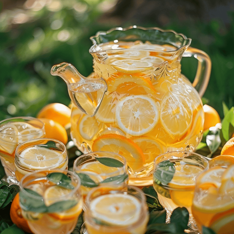 Glass pitcher of orange lemonade, surrounded by glasses of orange lemonade.
