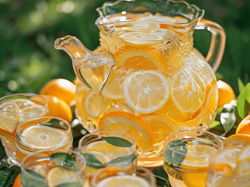Glass pitcher of orange lemonade, surrounded by glasses of orange lemonade.