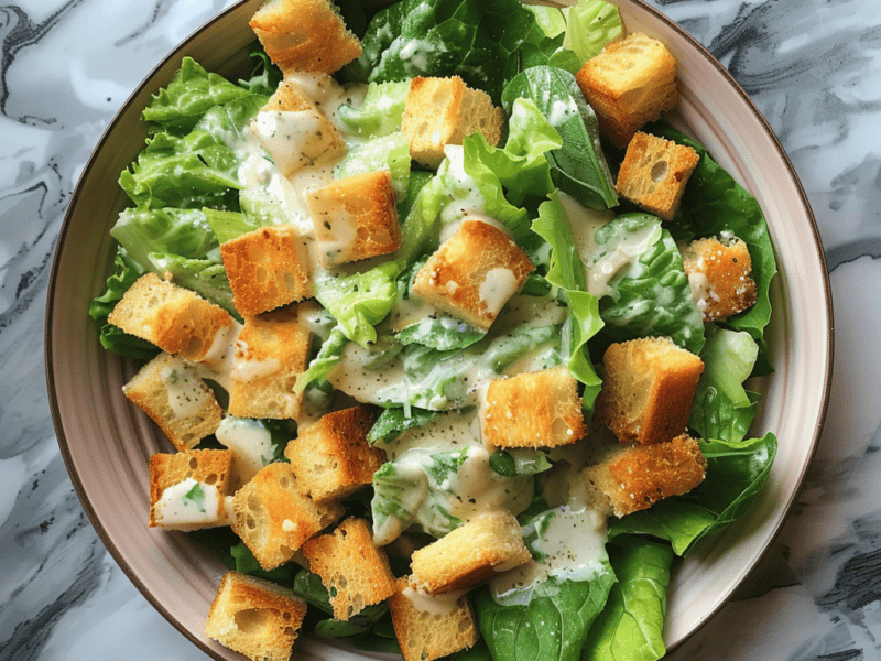 salad topped with croutons and dressing