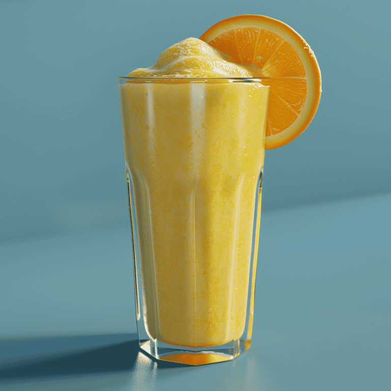A tall glass of Orange Julius with orange garnish.
