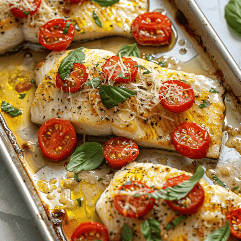 Tomato Basil Tilapia on a baking sheet of melted butter