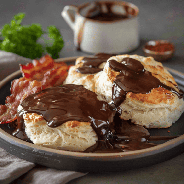 Plate biscuits covered with chocolate gravy and a side of bacon.
