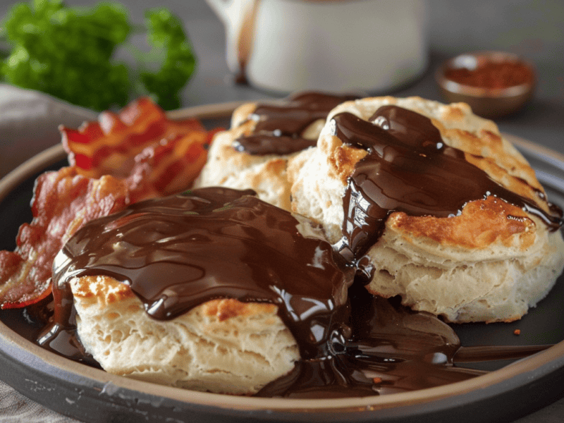 Plate biscuits covered with chocolate gravy and a side of bacon.